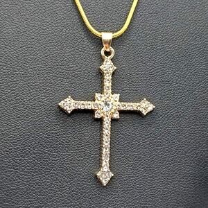 18k Gold Plated Necklace w/ Gold Cross Pendant Lab Diamonds Valentines Birthday